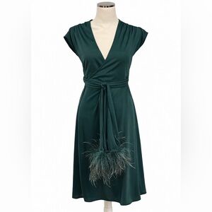 Vintage Phase II California Green Wrap Dress Feather Retro 70s disco Party sz 13
